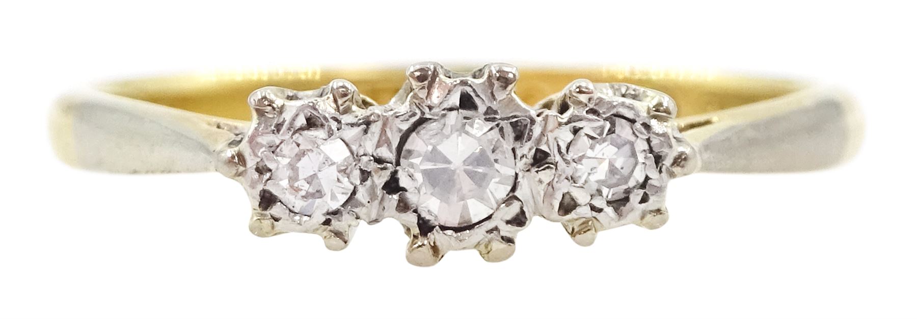 Mid 20th century gold three stone single cut diamond ring, stamped 18ct & PT