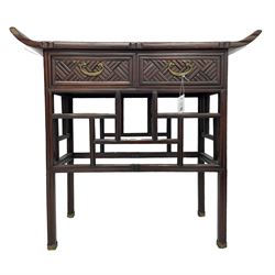 Chinese design bamboo and wood altar side table, parquetry lattice-work bamboo, fitted with two drawers over geometric rails