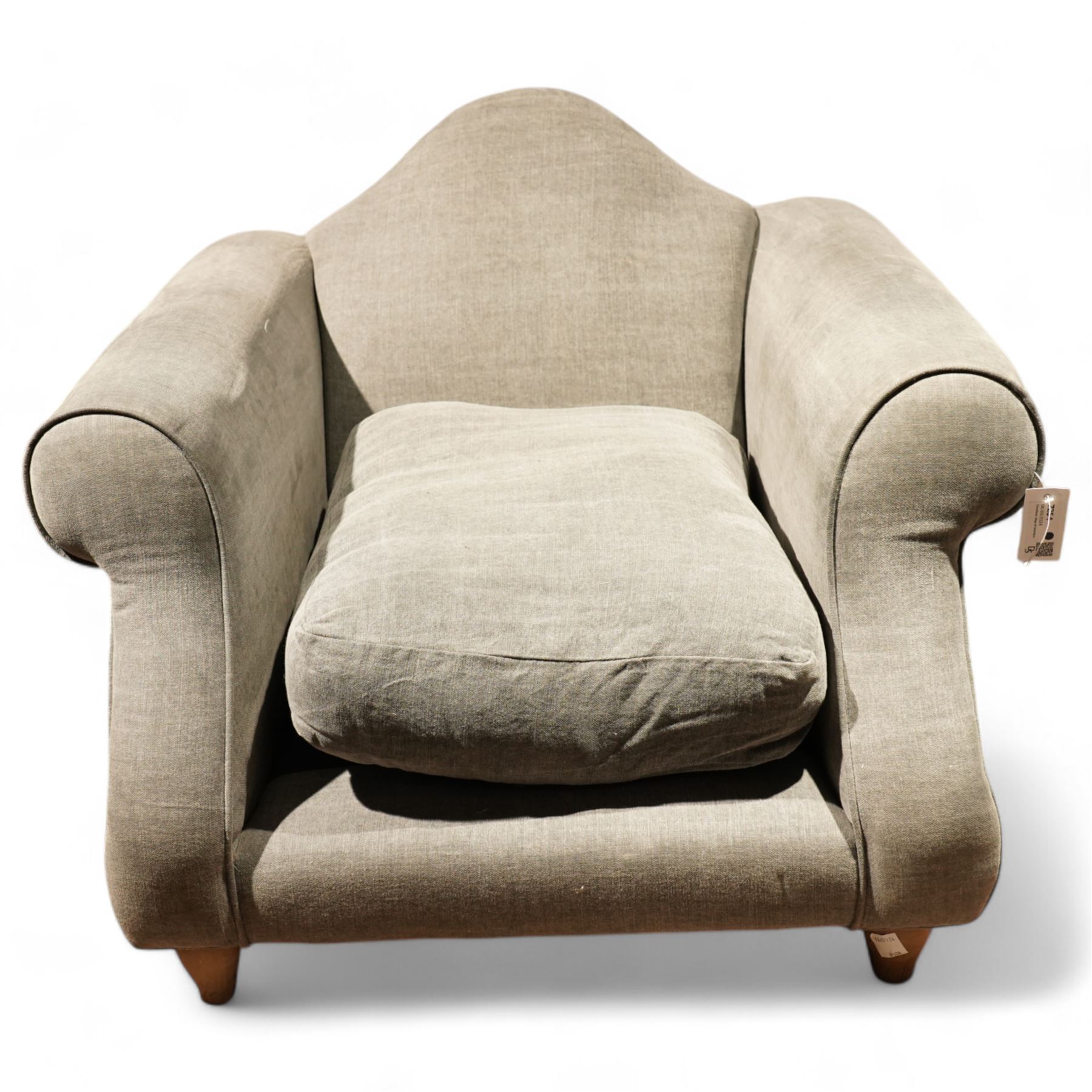 Loaf - hardwood-framed armchair, camelback and rolled arms, upholstered in stone-grey fabric, on turned oak front feet