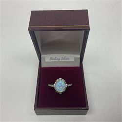 Silver opal and cubic zirconia cluster ring, stamped 925, boxed 