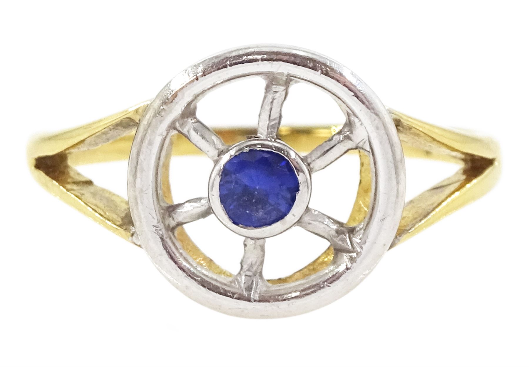 18ct white and yellow gold single stone sapphire pierced design ring