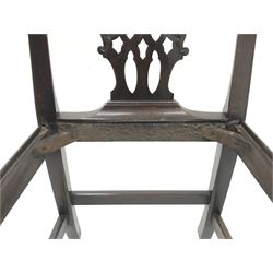 Georgian mahogany armchair, shaped cresting rail over a Gothic pierced splat, arms with acanthus scrolled terminals, leather drop in seat, moulded square supports, W62cm (total)