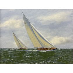 George Drury (British 1950-): 'Endeavor Leads Rainbow - America's Cup 1934', oil on canvas board signed, titled verso 39cm x 49cm 