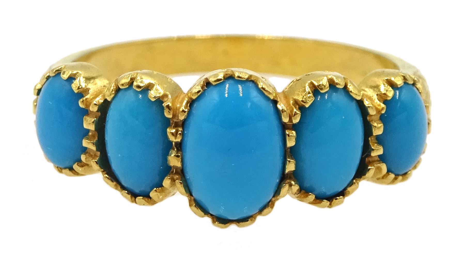 Silver-gilt five stone turquoise ring, stamped