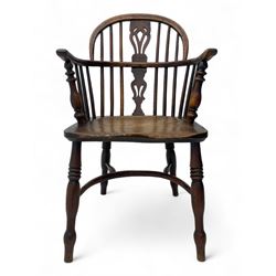 19th century yew wood and elm Windsor armchair, low double hoop stick and pierced splat back, dished seat on turned supports united by crinoline stretchers