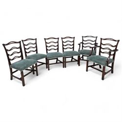 Set of six (4+2) Chippendale Revival stained beech dining chairs, pierced waived ladder backs with over-stuffed seats, on square moulded supports joined by stretchers