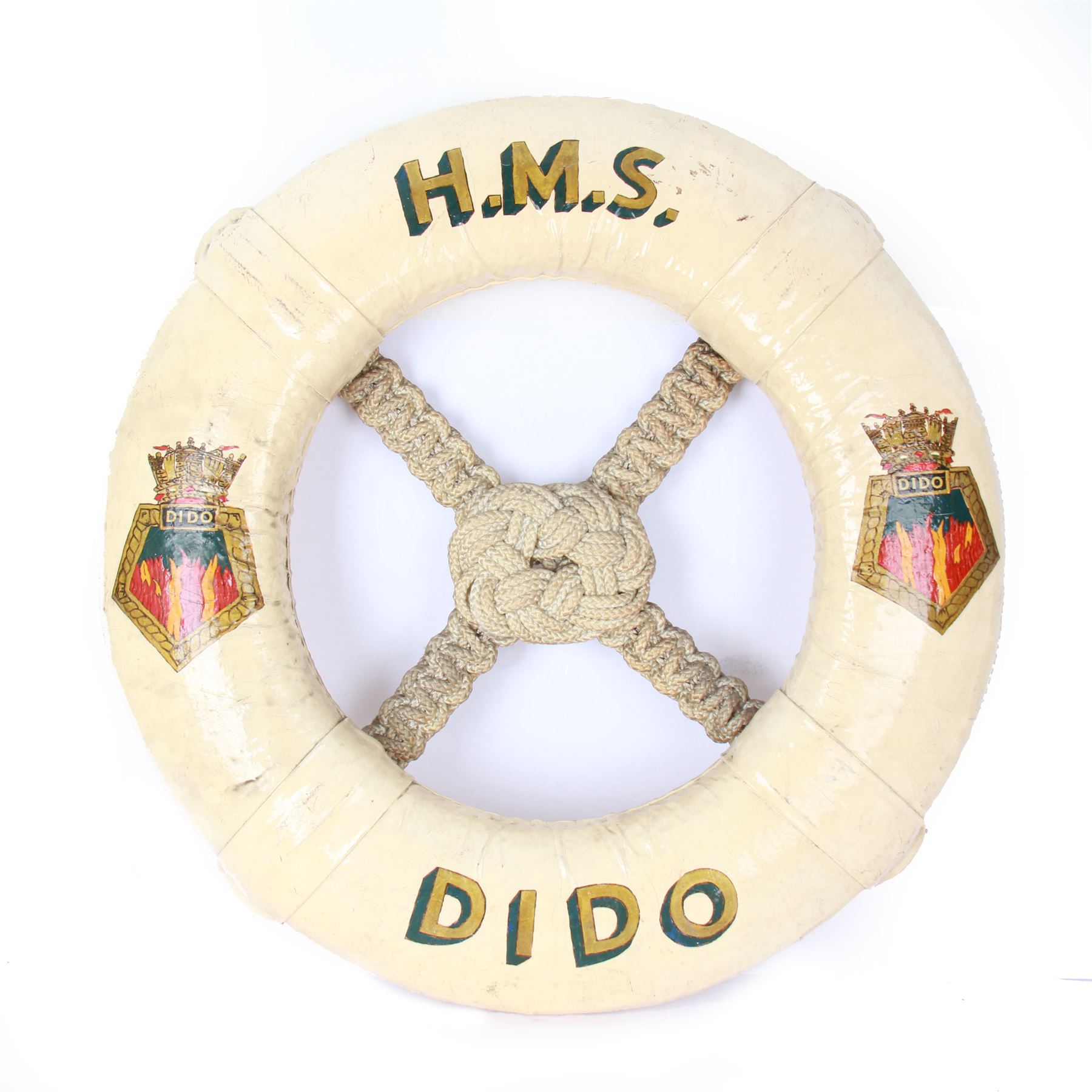 Late 19th/early 20th century ceremonial lifebuoy, from the Royal Navy light cruiser H.M.S Dido, the name painted in gilt lettering and with the ship's crest to either side, D74cm