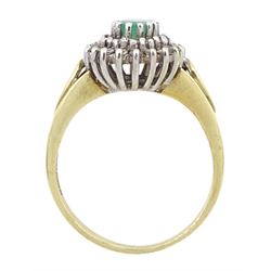 9ct gold oval cut emerald and two row, round brilliant cut diamond cluster ring, hallmarked