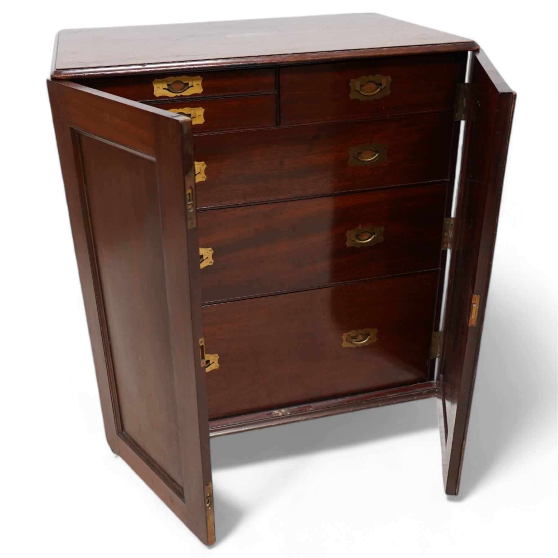 19th century mahogany silver or collectors cabinet, moulded rectangular top over two panelled doors, fitted with a combination of drawers with fitted baize lined interiors, two brass carrying handles to each side 