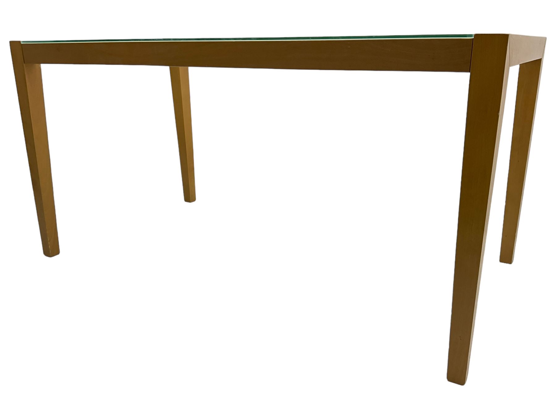 Contemporary beech framed dining table, rectangular frosted glass top on beech frame, square tapering supports