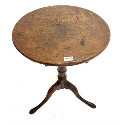 Georgian country oak tripod table, circular tilt top with iron catch on turned column, three splayed supports