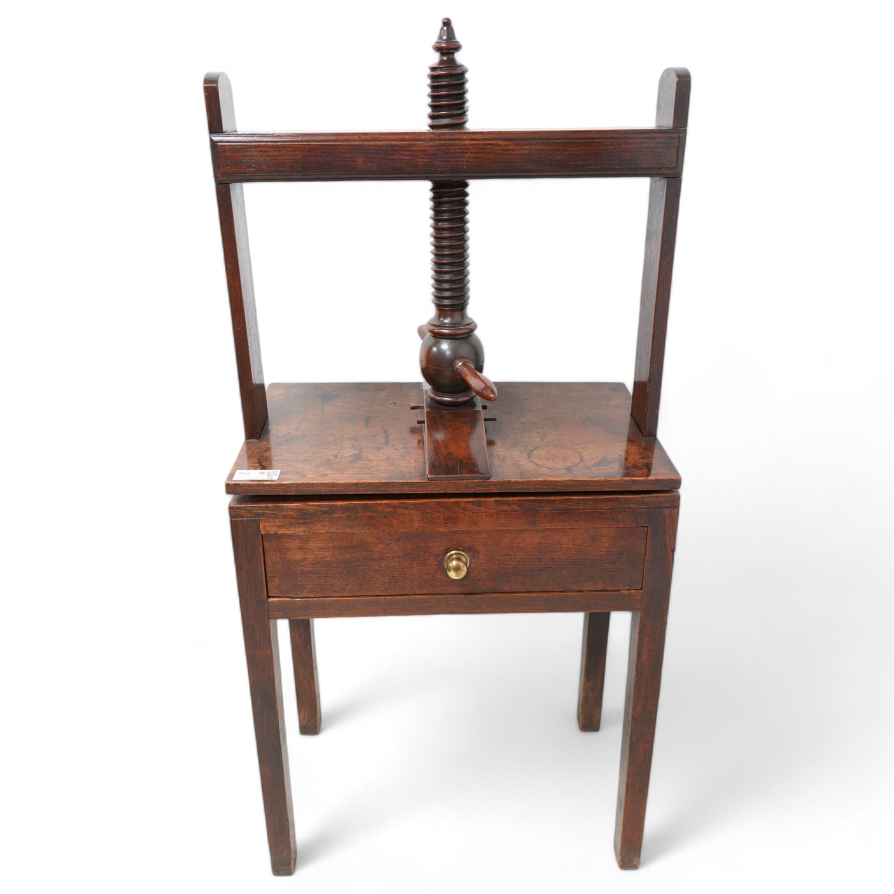 18th century oak linen press stand, raised super structure with screwing mechanism and flat plates, fitted with single drawer, on square supports 