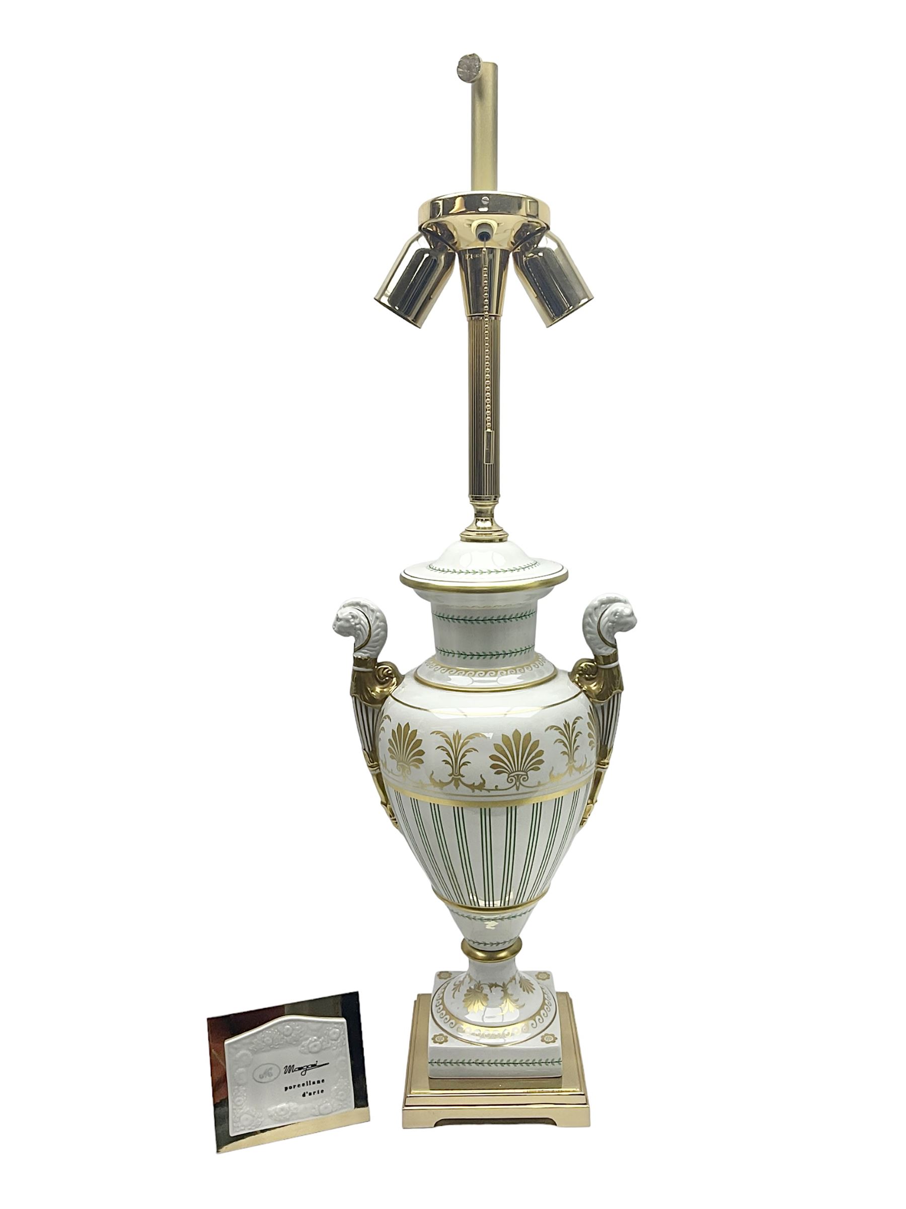 Mangani table lamp, shaped as an urn with twin handles, with gilt decoration upon a stepped base, H80cm