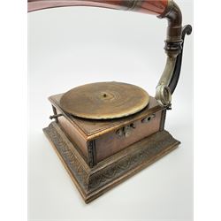 A wind up gramophone with red painted tin plate horn, upon a mahogany base, overall H71cm.