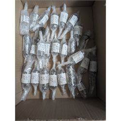 Collection of Mullard thermionic radio valves/vacuum tubes, mostly bubble wrapped and identified with lists