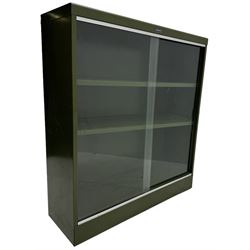 Mid-20th century 'Leabank' metal display cabinet, two sliding glass doors enclosing two adjustable metal shelves, olive green finish with chrome trim