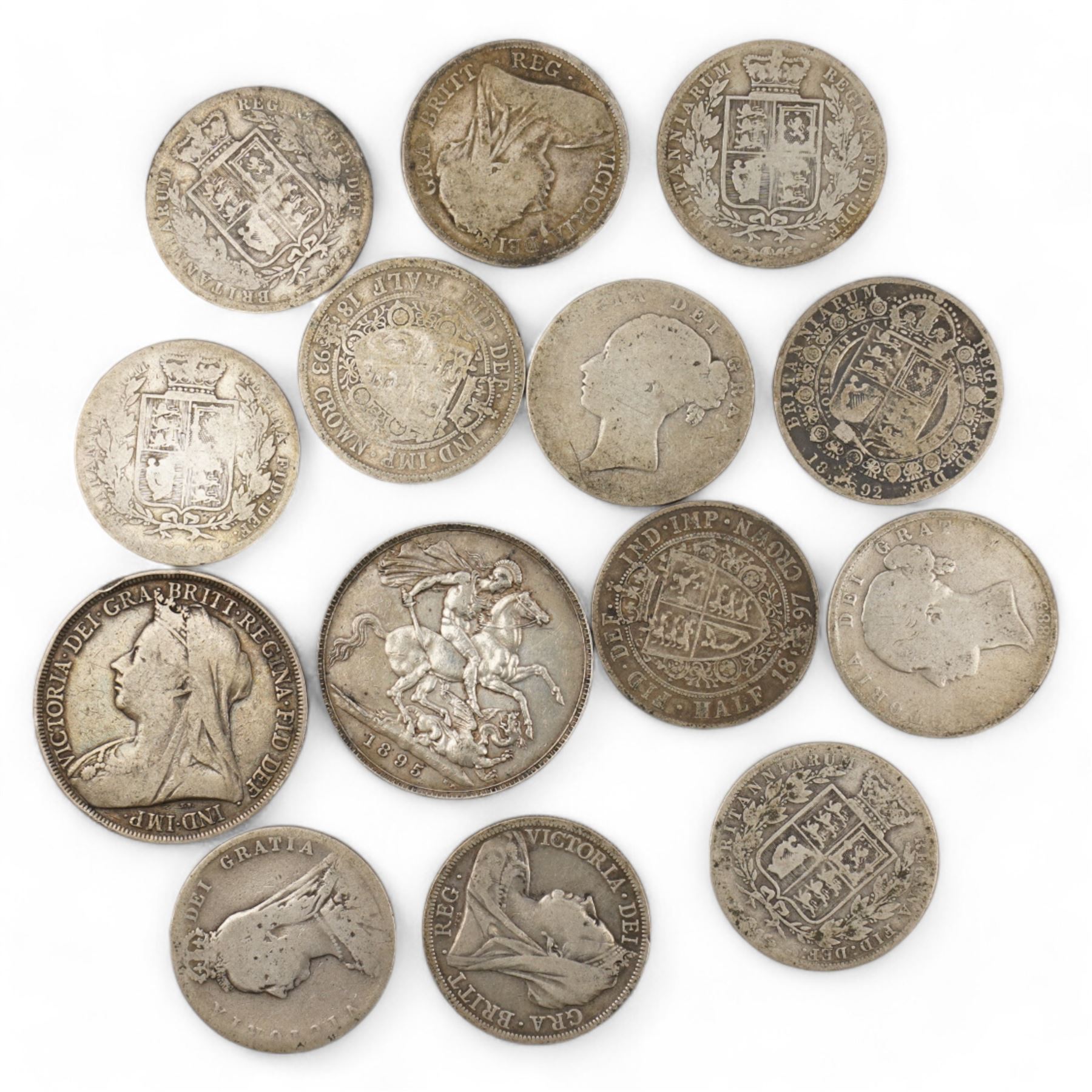 Approximately 215 grams of Great British pre 1920 Queen Victoria silver coins, including two 1895 crowns and various halfcrowns