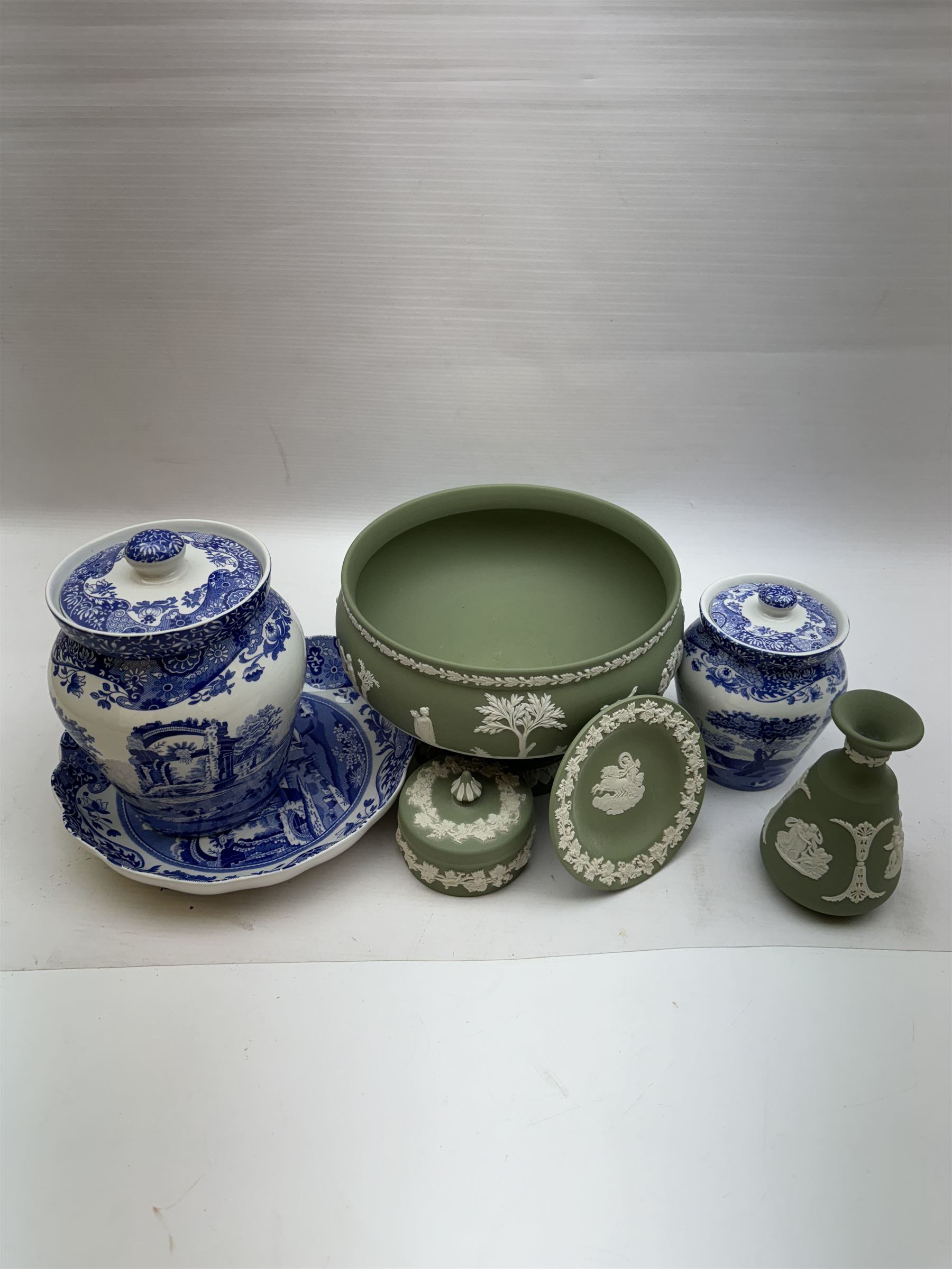 Wedgwood Jasperware stepped bowl, together with covered trinket box, vase and trinket dish, together with two Spode Italian pattern jars and dish