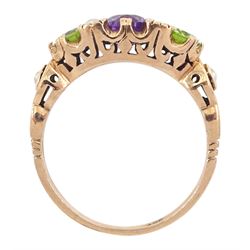 9ct rose gold three stone oval cut peridot and amethyst ring, with pearl accents set between and pearl set shoulders, London 2011