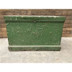 19th century green painted pine carpenters tool chest, mahogany lined fitted interior with...