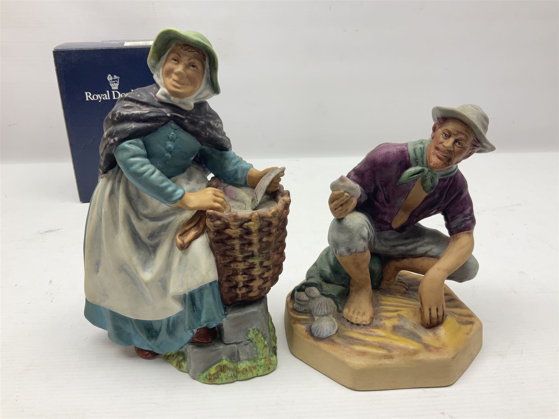 Five Royal Doulton figures, comprising The Milkmaid HN2057, New Baby HN 3713, With Love HN3393, Old Meg HN2494 and Beachcomber HN2487