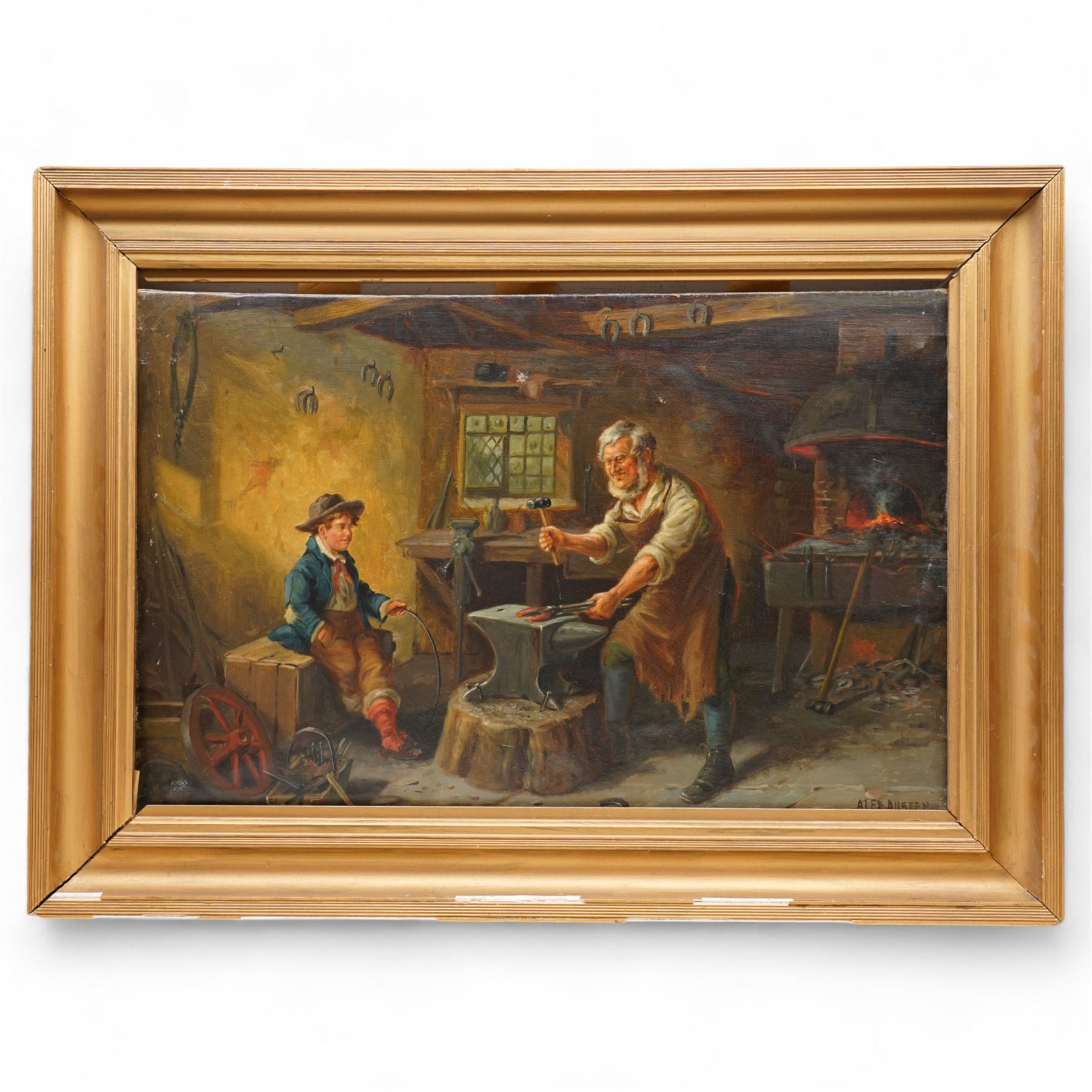 Alexander 'Alex' Austen (British 19th Century): Father and Son in a Workshop, pair oils on canvas signed 39cm x 60cm (2)