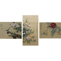 Chinese School (20th Century): Birds on Branches, set of three gouaches on silk bearing inscriptions max 63cm x 31cm (3) 