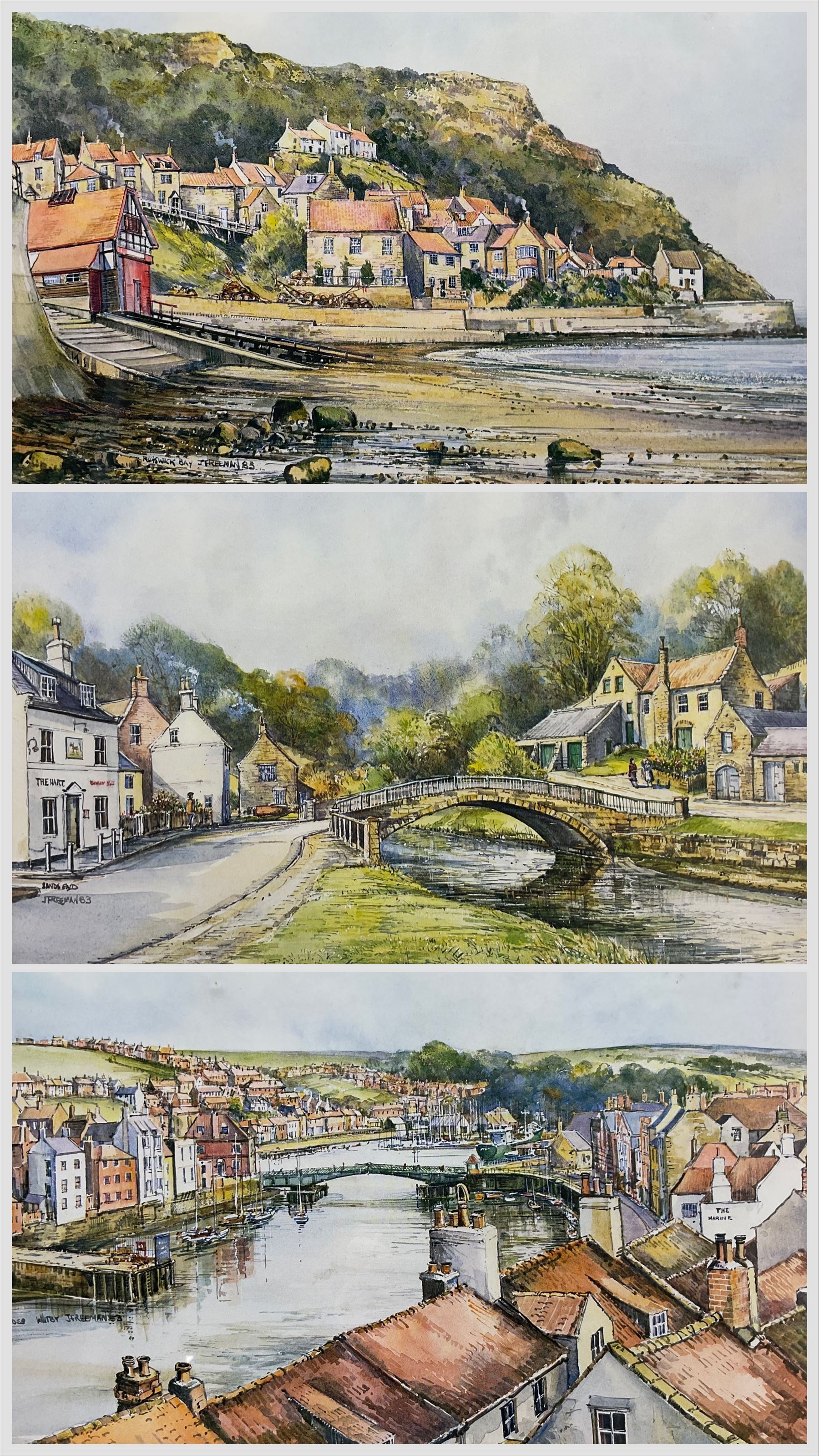 John Freeman (British 1942-): 'Across Whitby' 'Sandsend' and 'Runswick Bay' three prints 22cm x 30cm (3)