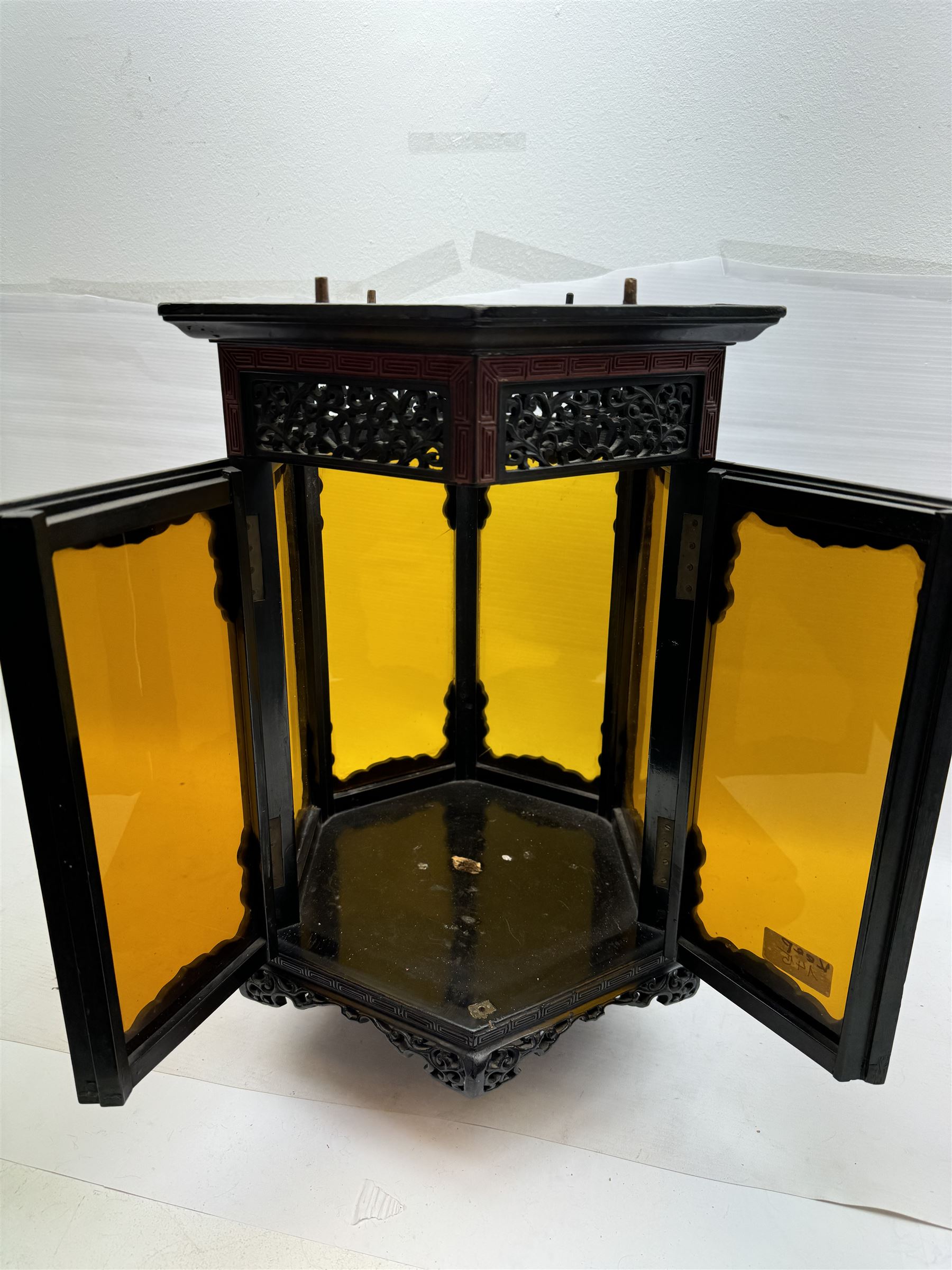 20th century Chinese lacquer lantern of hexagonal form, H34cm