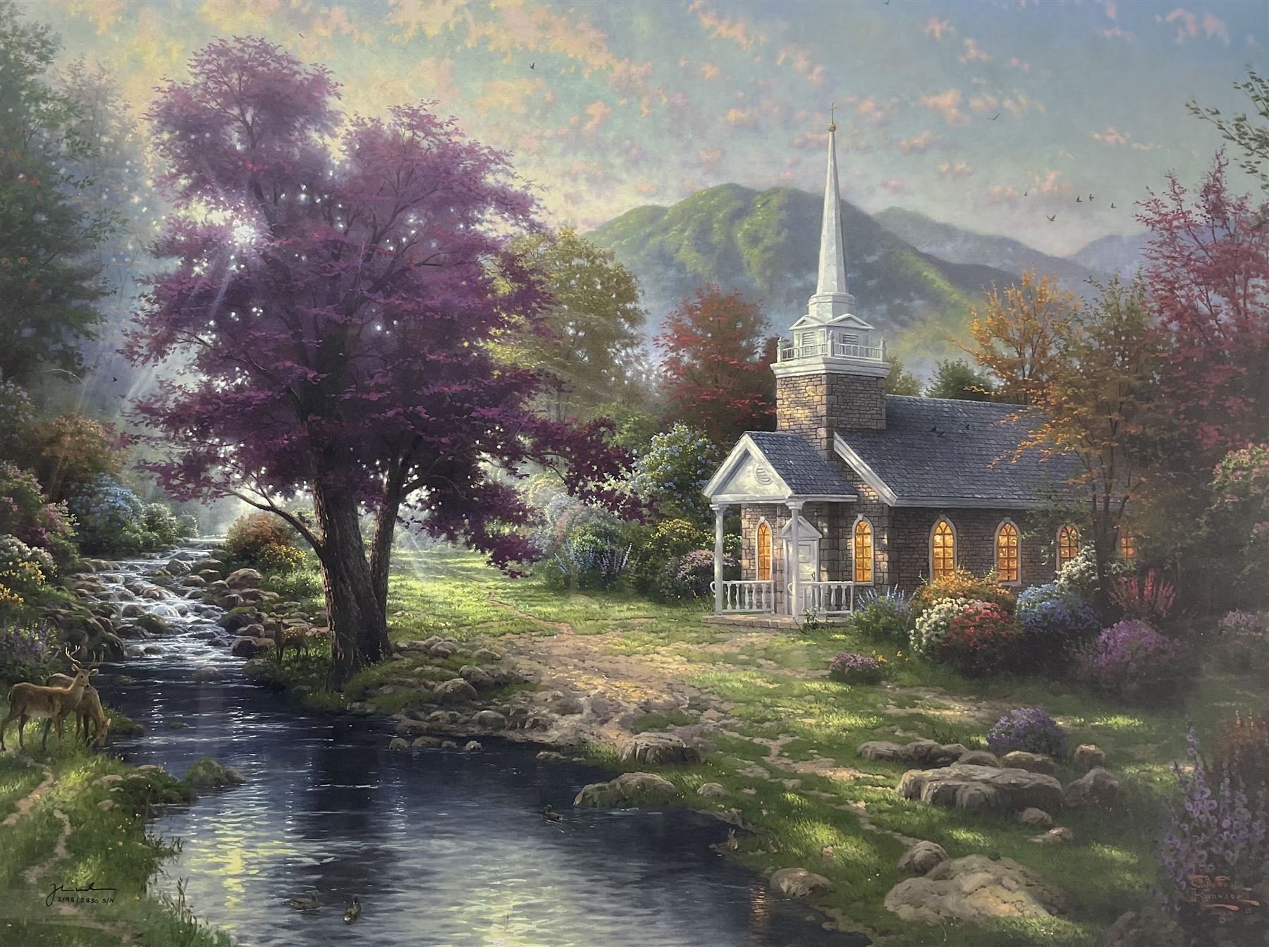 Thomas Kinkade (American 1958-2012): 'Streams of Living Water', large limited edition lithograph signed and numbered 2198/2850, 64cm x 85cm 