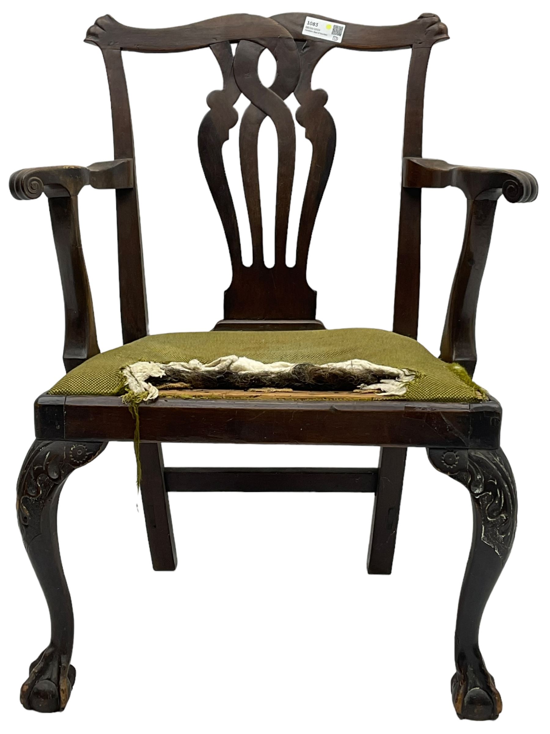 George III  elm and walnut elbow chair, shaped cresting rail over pierced and interlaced splat back, upholstered drop-in seat, on acanthus carved cabriole supports with ball and claw feet 