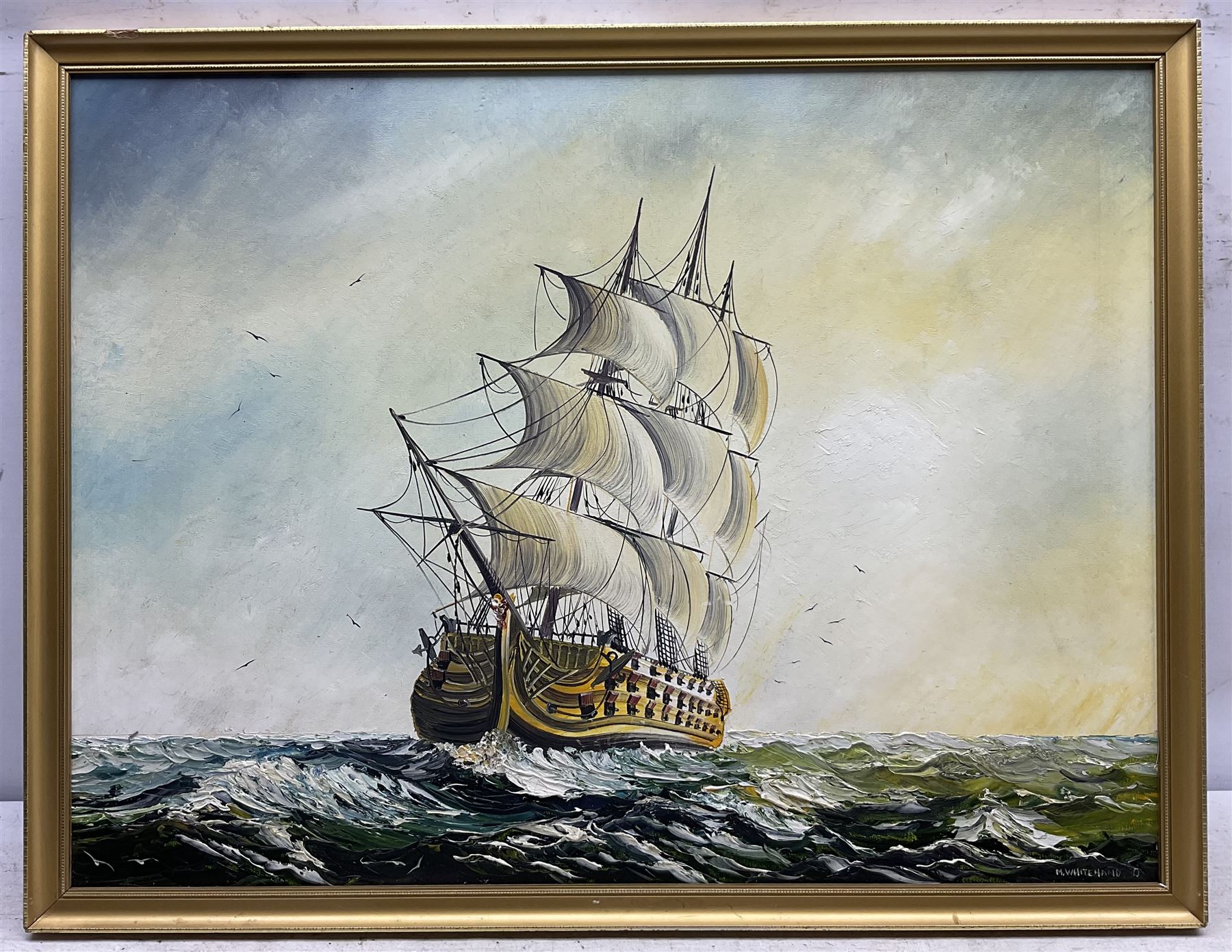 Michael J Whitehand (British 1941-): Sailing Ship in a Choppy Sea, oil on board signed 43cm x 58cm