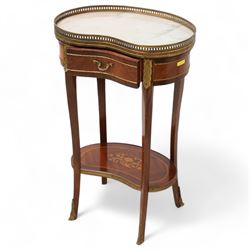 Early 20th century French walnut kidney-shaped occasional table, white marble top with raised pierced brass gallery, fitted with single frieze drawer, flanked by acanthus shaped gilt metal mounts, raised on cabriole supports united by a floral inlaid under-tier