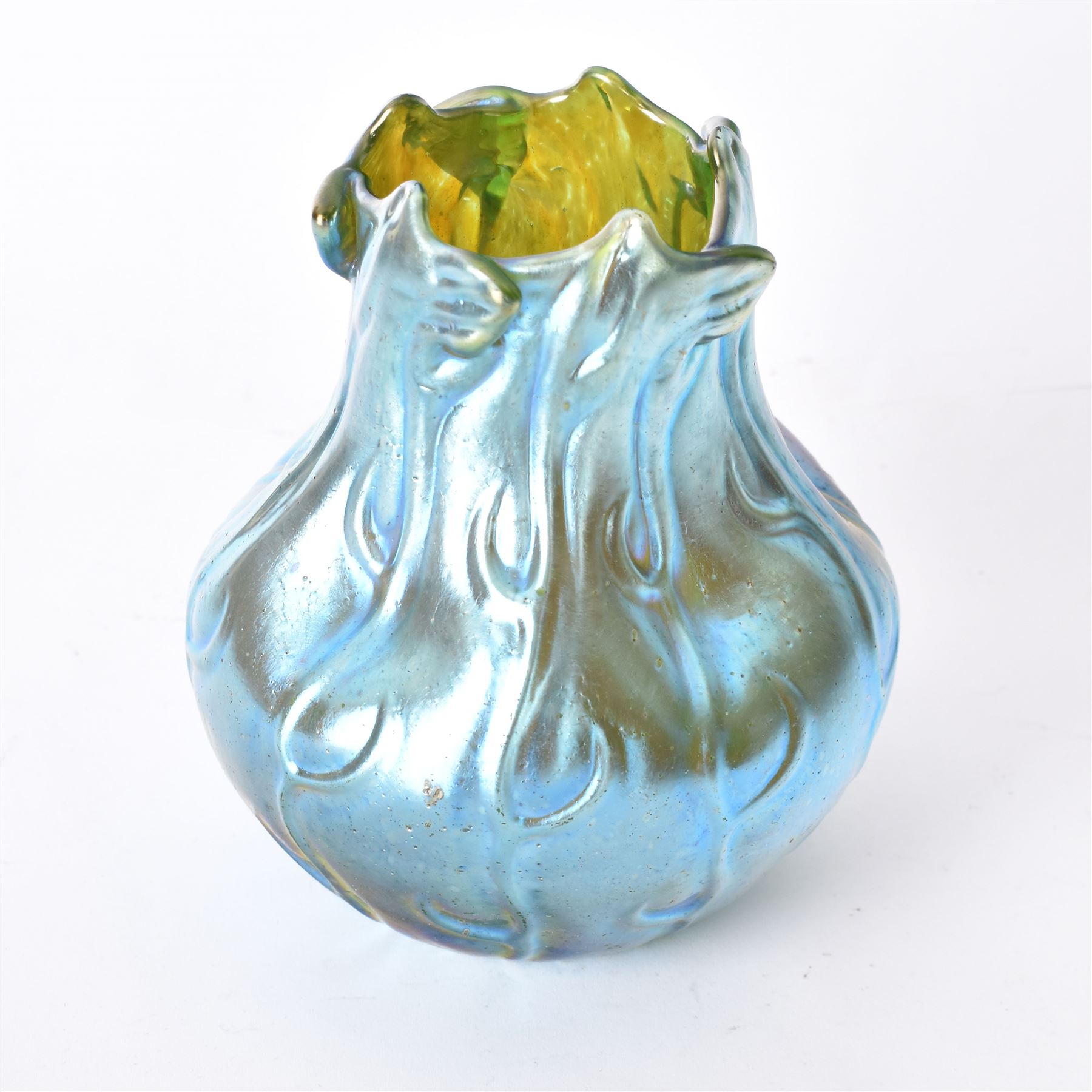 Loetz 'Neptun' glass vase, of baluster form with relief moulded foliate decoration and overlapped leaf rim, with a blue iridescent Silberiris finish, H11cm