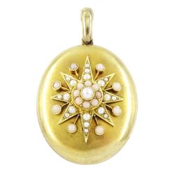 Victorian 15ct gold locket pendant, the centre with applied pearl and coral decoration, stamped 15