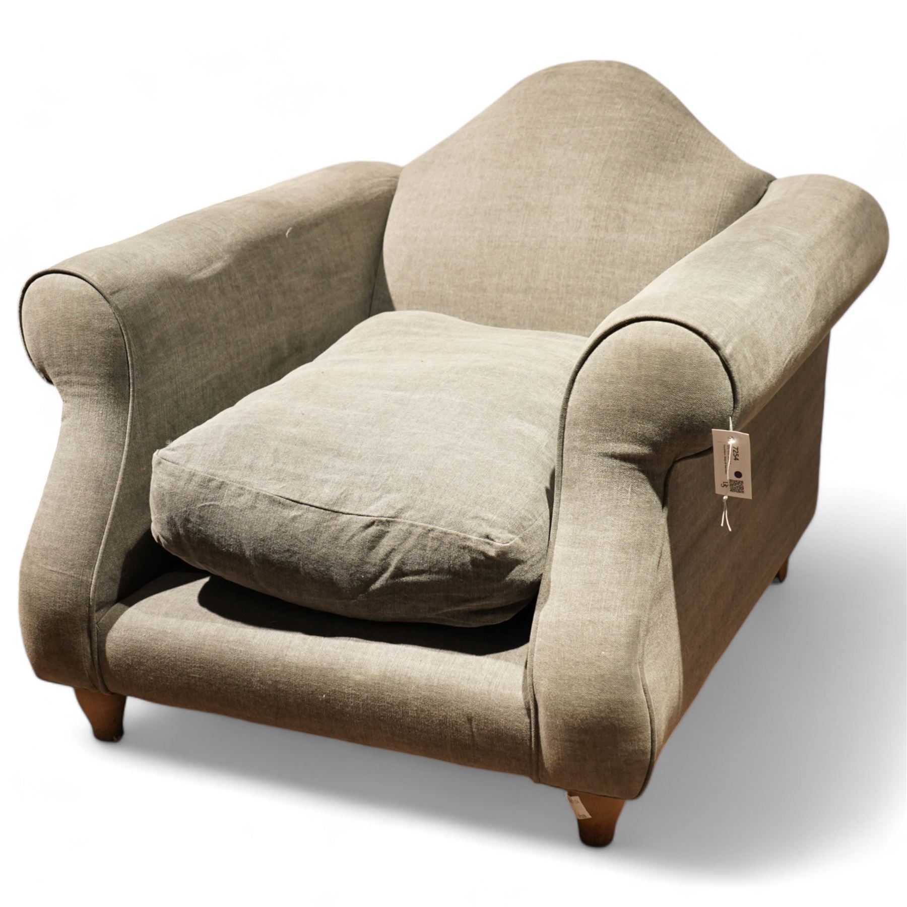 Loaf - hardwood-framed armchair, camelback and rolled arms, upholstered in stone-grey fabric, on turned oak front feet