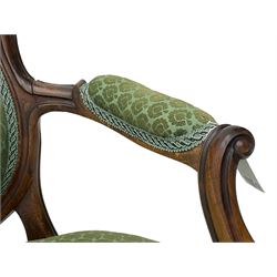 Victorian walnut framed armchair, moulded frame, upholstered in green pattern fabric, on cabriole front supports
