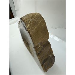 Polished petrified wood dish, some growth rings still visible, texture to edge, H5cm