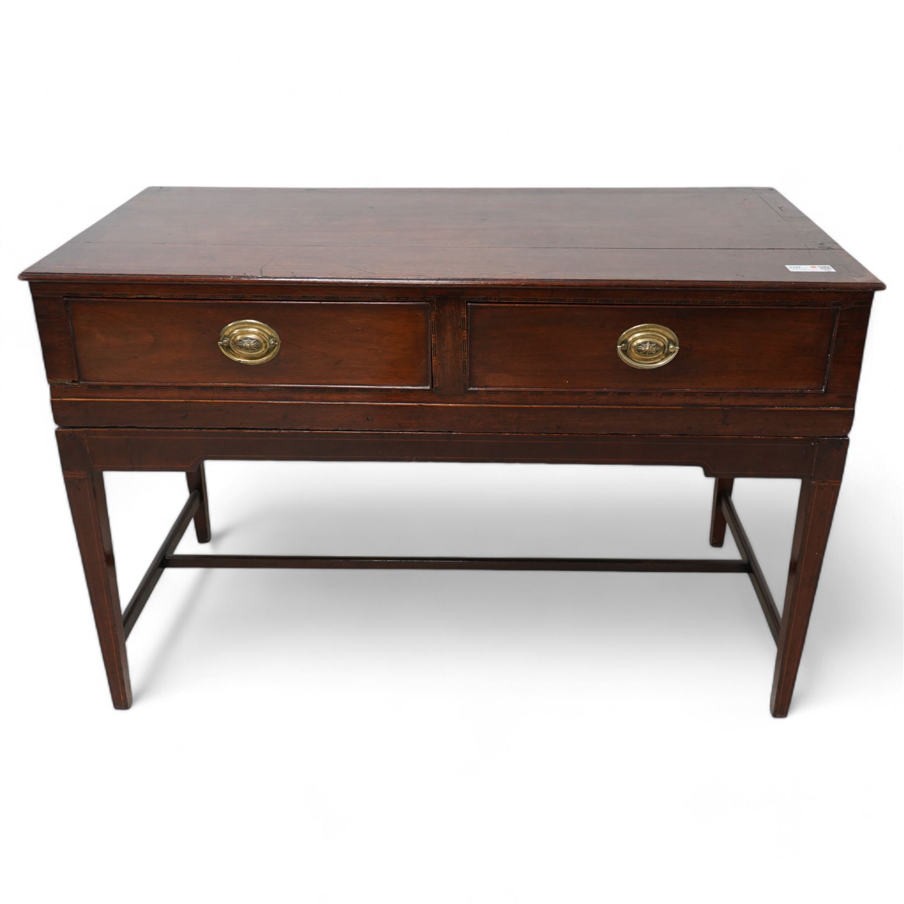 19th century converted square piano side table, rectangular moulded top over two drawers, on square tapering supports united by plain H-stretchers 