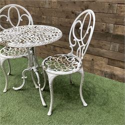Cast aluminium garden table and two chairs painted in white - THIS LOT IS TO BE COLLECTED BY APPOINTMENT FROM DUGGLEBY STORAGE, GREAT HILL, EASTFIELD, SCARBOROUGH, YO11 3TX