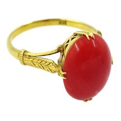 14ct gold single stone coral ring, stamped