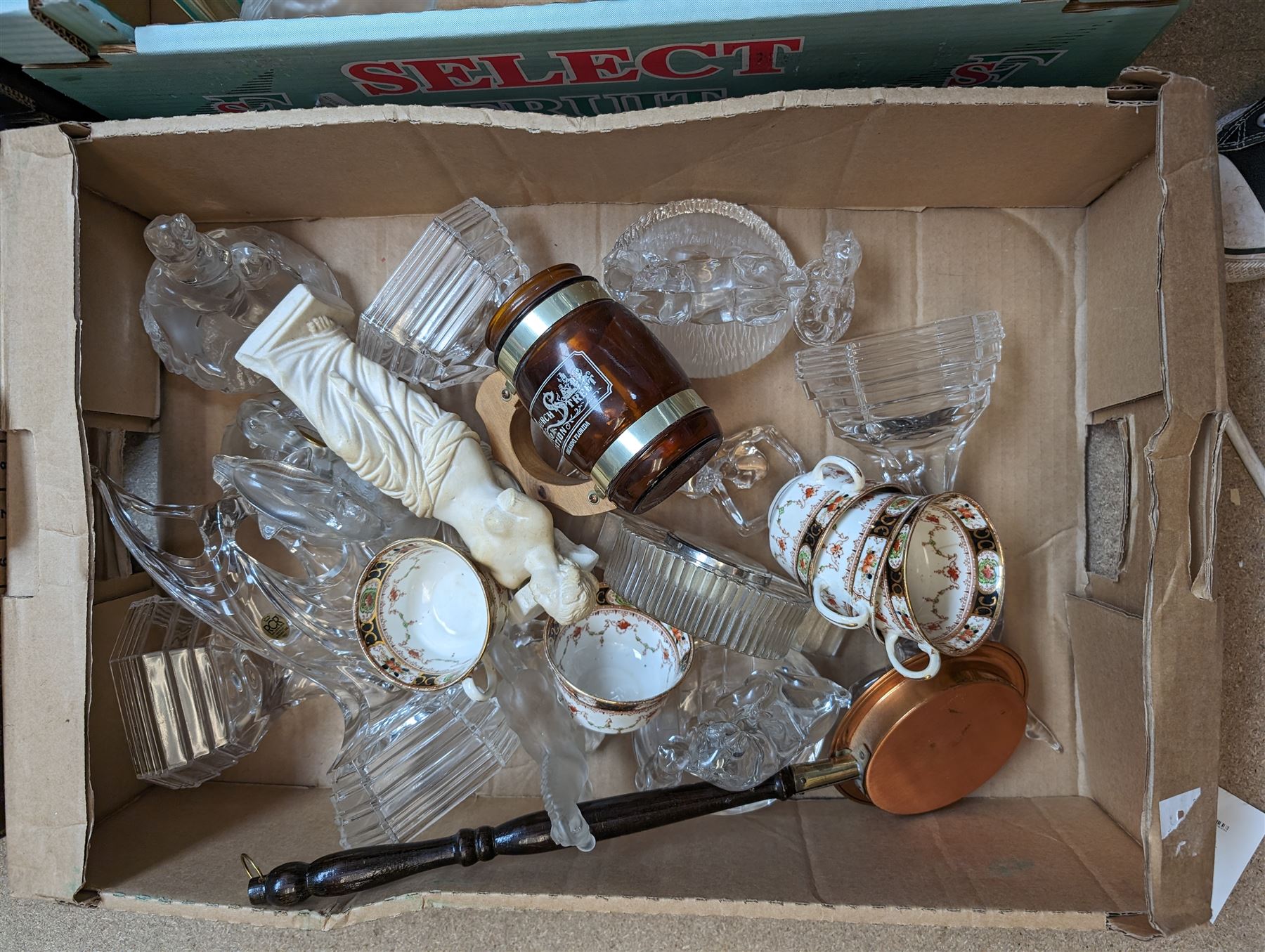 Collection of glassware and ceramics, including Royal Doulton figure 'Mary', rock crystal animal and dancer figures, tea wares, animal figurines, metal money boxes, etc, in four boxes 