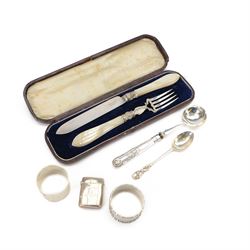 Group of silver, including cased mother of pearl handled knife and fork set with engraved ...