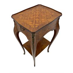 Late 20th century French design Kingwood lamp table, shaped form with geometric parquetry inlaid top within band and raised lip, fitted with single drawer and slide, on cabriole supports united by undertier, decorated with ornate cast gilt metal mounts and terminal caps 