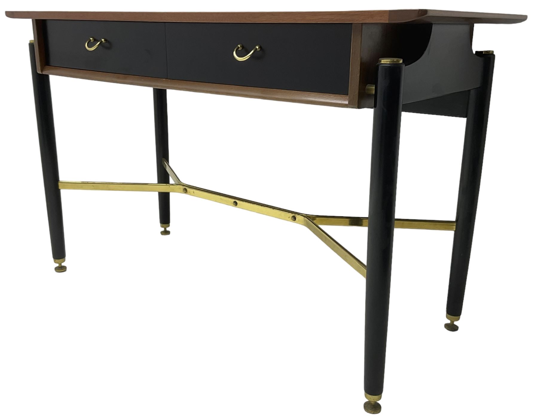 E. Gomme for G-Plan - ‘Librenza’ afrormosia and black finish console, fitted with two drawers, on turned supports united by brass stretchers