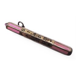 1920s silver and enamel calendar pencil, the silver faceted body decorated with panels of pink enamel with central adjustable calendar to centre, set with purple polished stone to one end, with London import marks for 1927, Cohen & Charles, L6.5cm