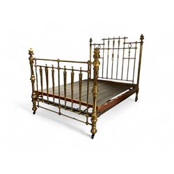 Victorian brass 5' King-size bedstead, turned spindles decorated with floral motifs, toget...