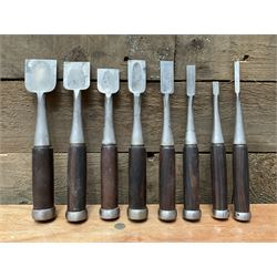 Set of eight Japanese handmade carpenters chisels with rosewood handles, stamped blades - THIS LOT IS TO BE COLLECTED BY APPOINTMENT FROM DUGGLEBY STORAGE, GREAT HILL, EASTFIELD, SCARBOROUGH, YO11 3TX