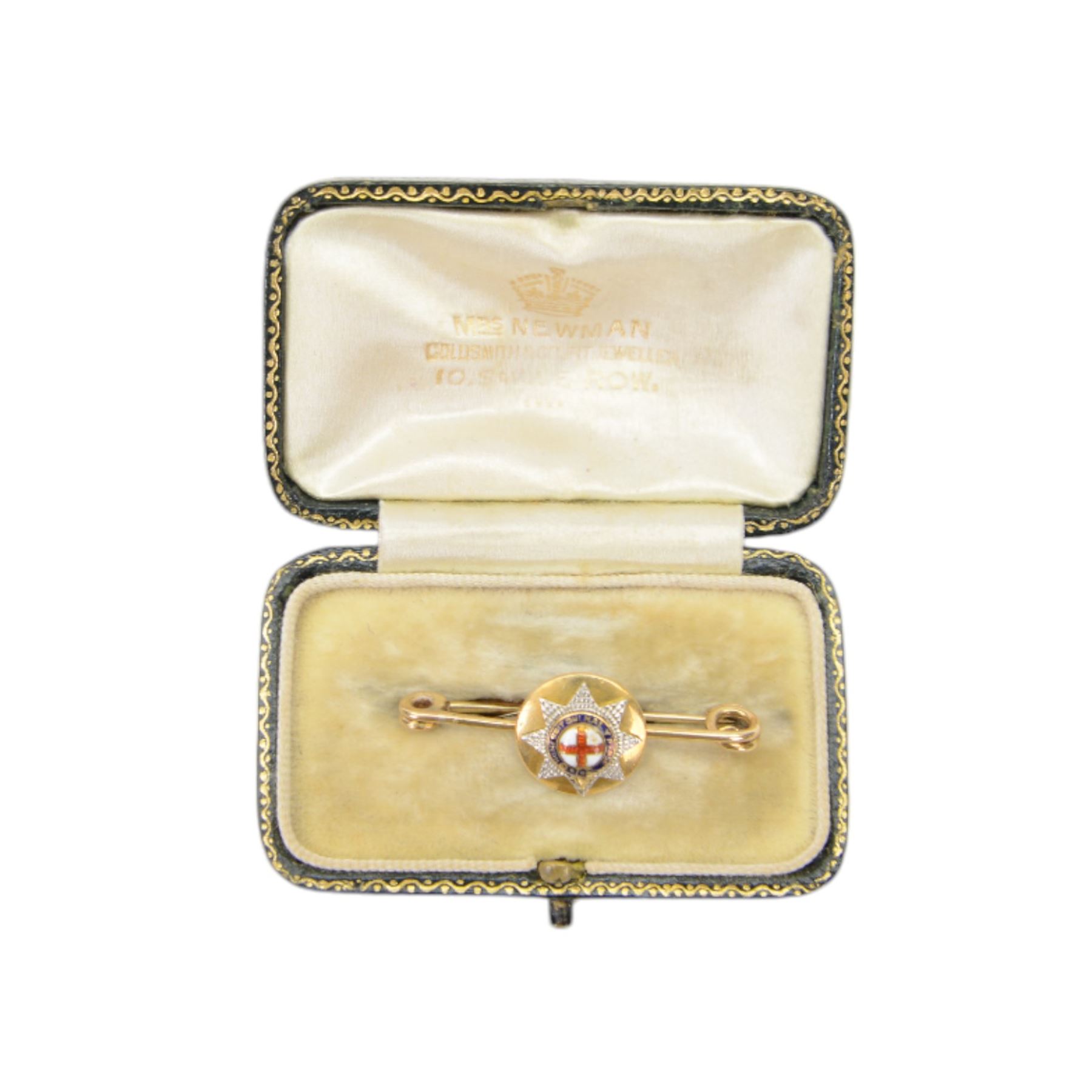 Coldstream Guards, sweetheart brooch, with a related three buttons, 18 ct. gold, with split-ring fittings for wear, in original Ortner & Houle of St James’s Street case