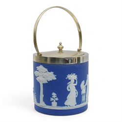 Wedgwood blue jasper biscuit barrel with plated mounts, three modern Chinese figure ornaments, three Chinese vase stands, Poole pottery bird and other items